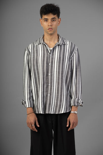 Striped Lenin Shirt- Black