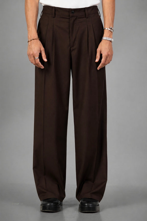 Tailored Wide-Leg Pants- Brown
