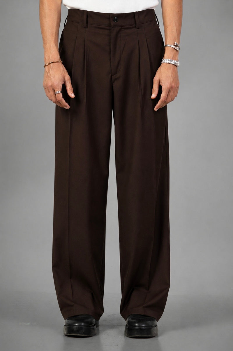 Tailored Wide-Leg Pants- Brown