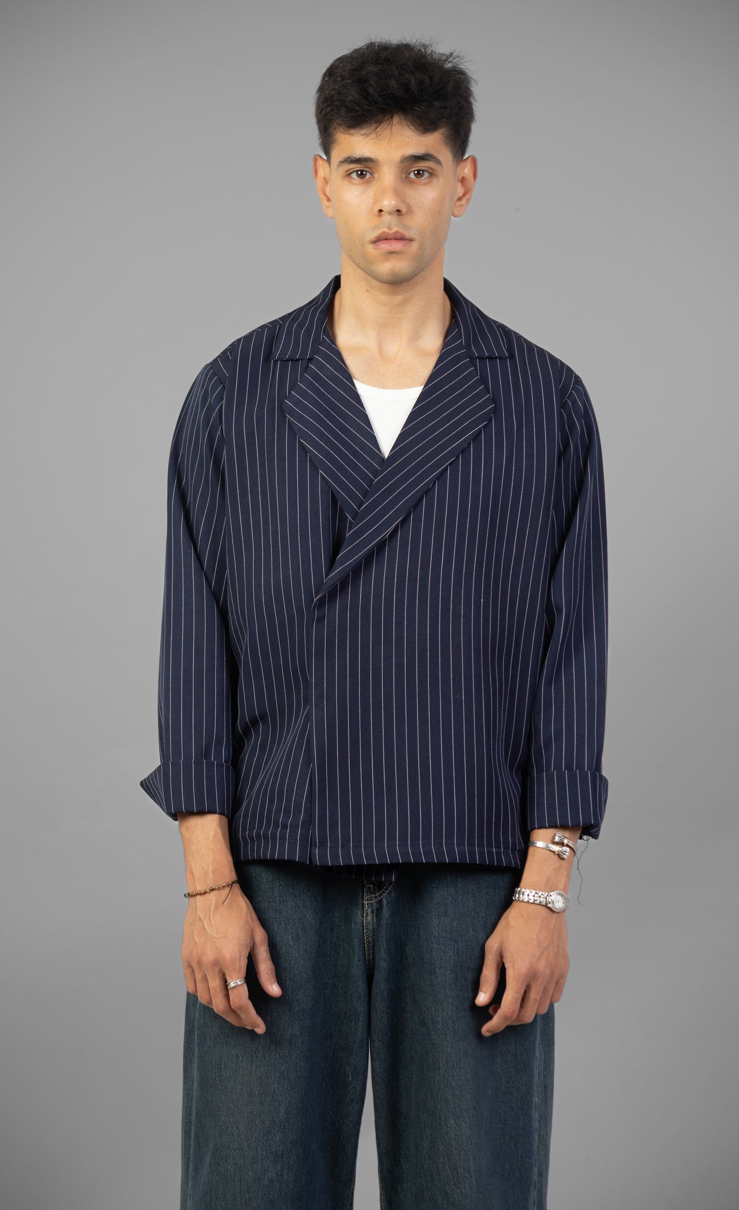 Boxy Stripes Shirt-Navy