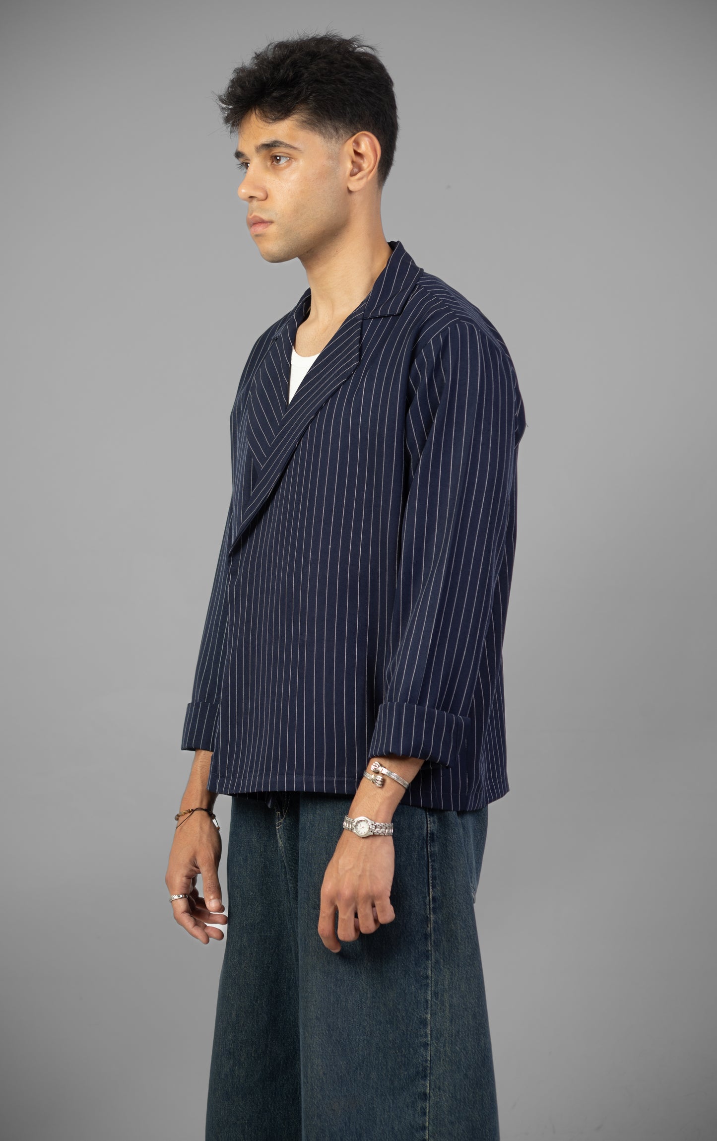 Boxy Stripes Shirt-Navy