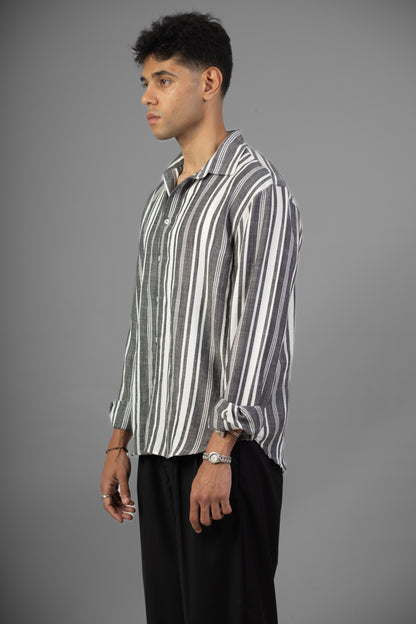 Striped Lenin Shirt- Black