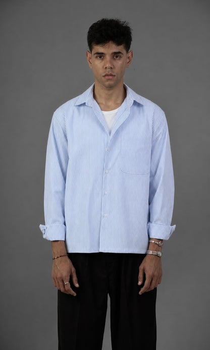 Baby blue  Striped Shirt & Tailored Wide-Leg Pants-Black