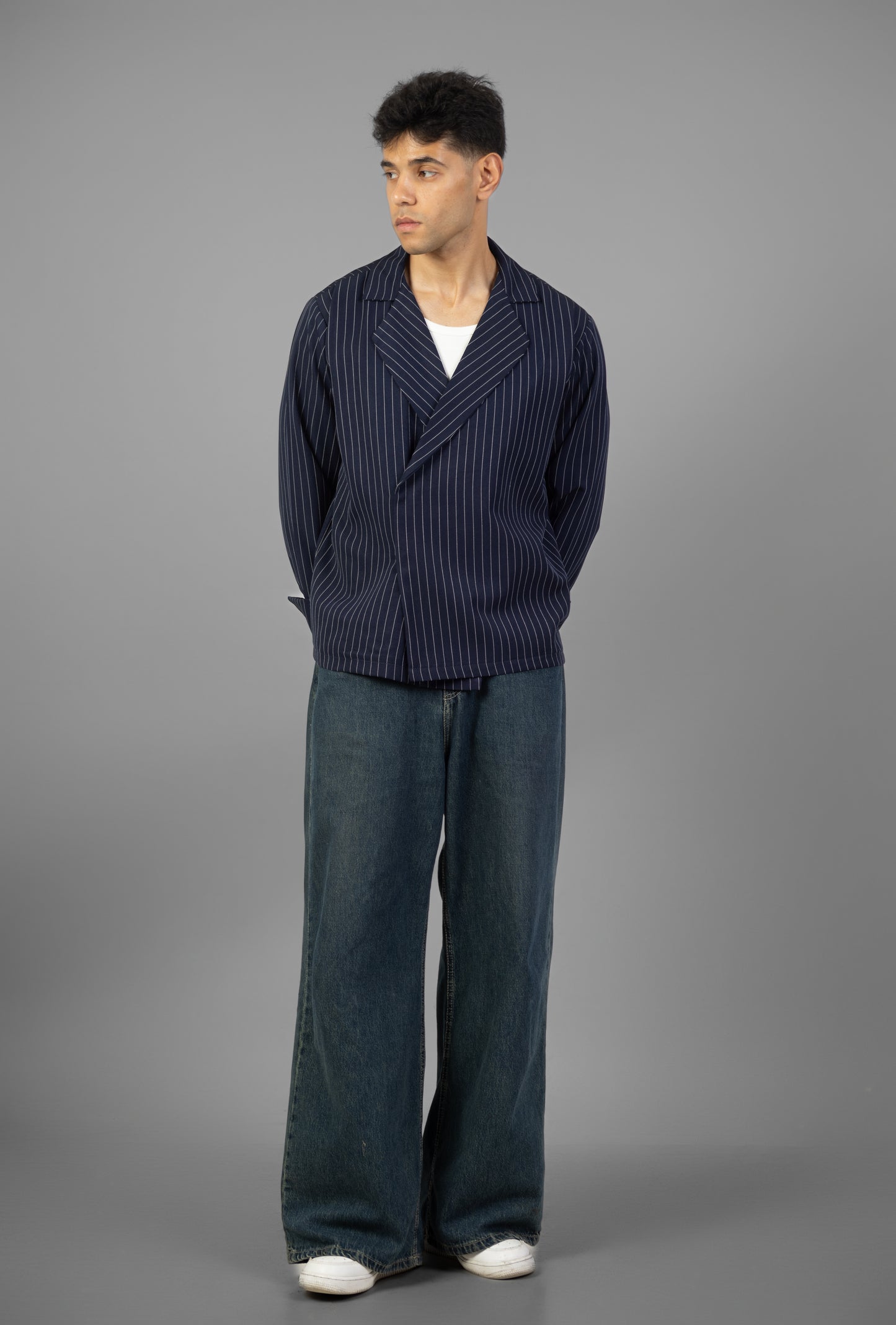 Boxy Stripes Shirt-Navy