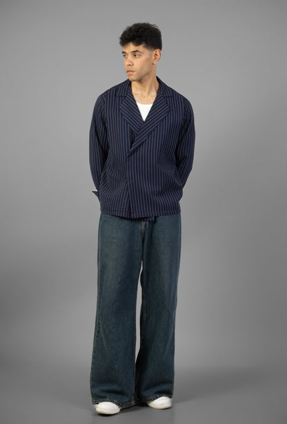 Boxy Stripes Shirt-Navy