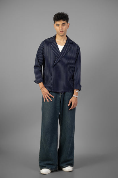 Boxy Stripes Shirt-Navy