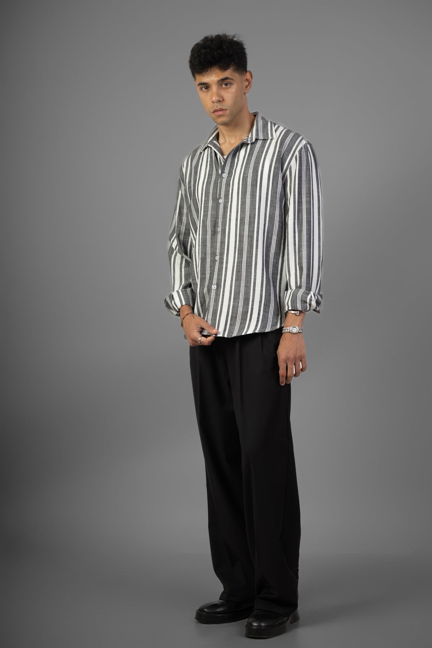 Striped Lenin Shirt- Black