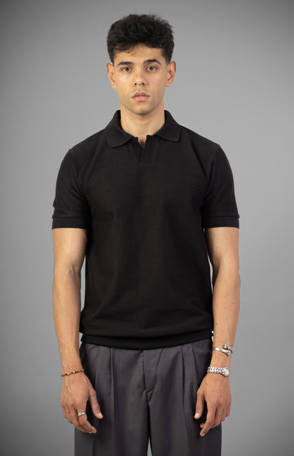 Buttonless Knit Polo- Black