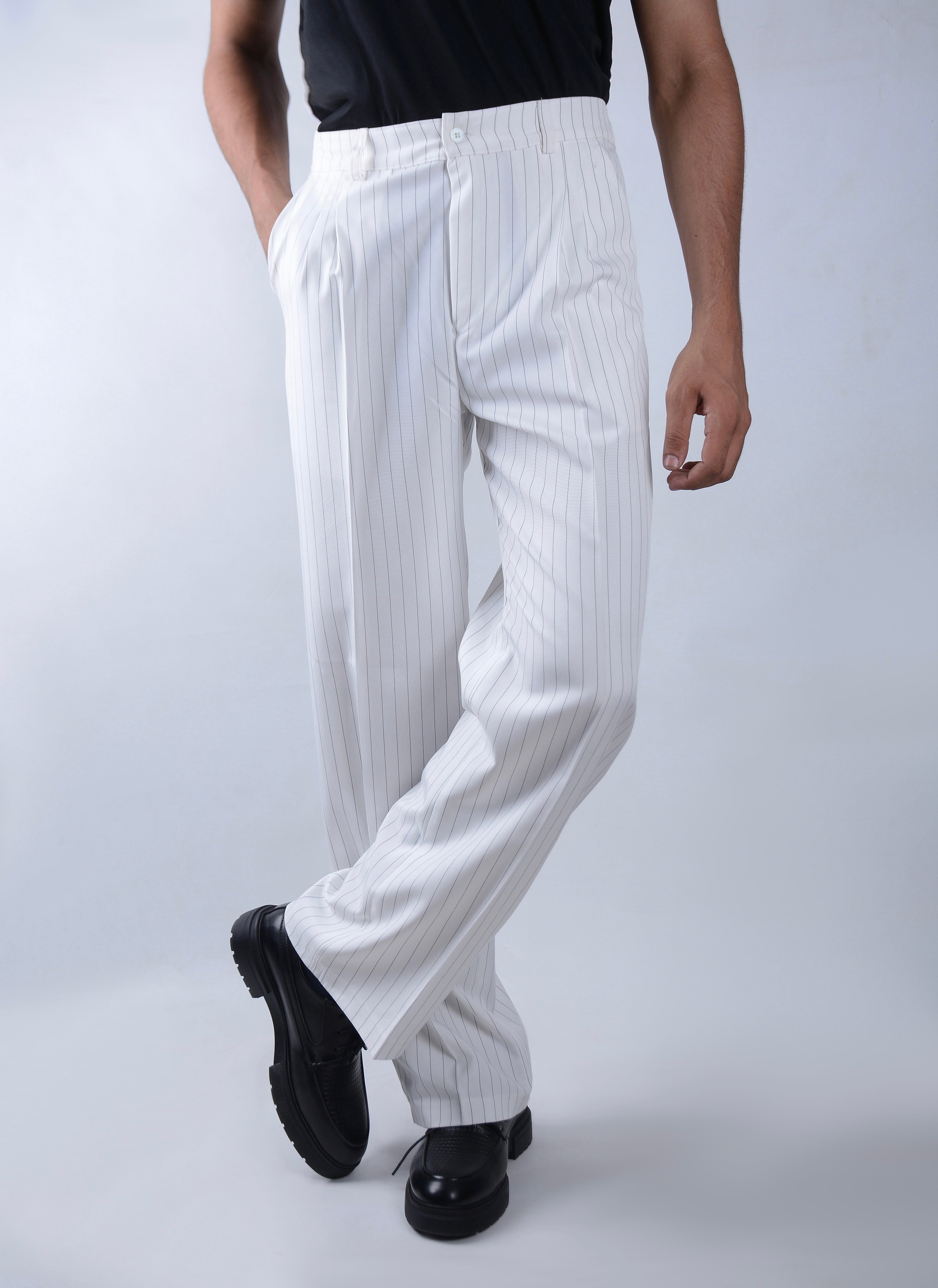 Pinstriped Wide-leg Pants-White