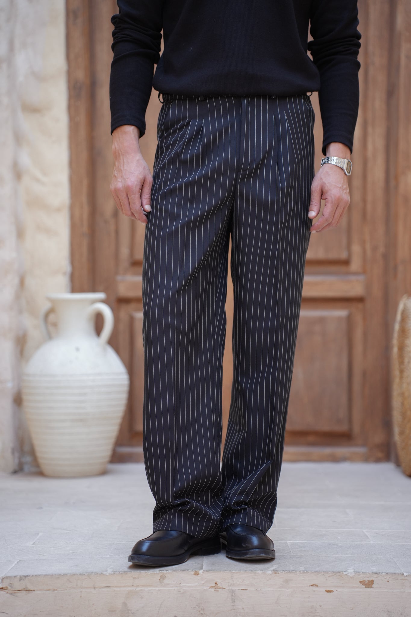 Pinstriped Wide-leg Pants-Black
