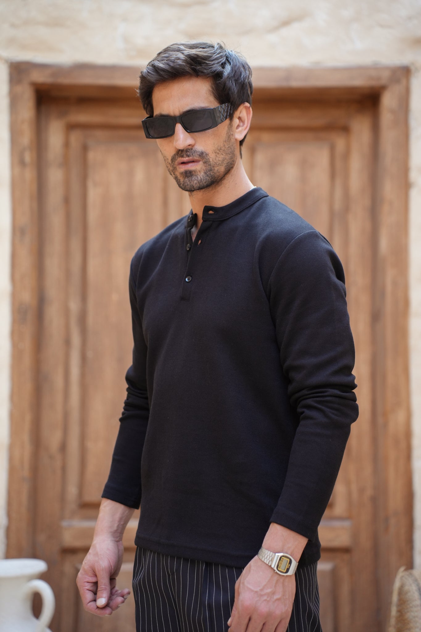 Classic Knit Henley- Black
