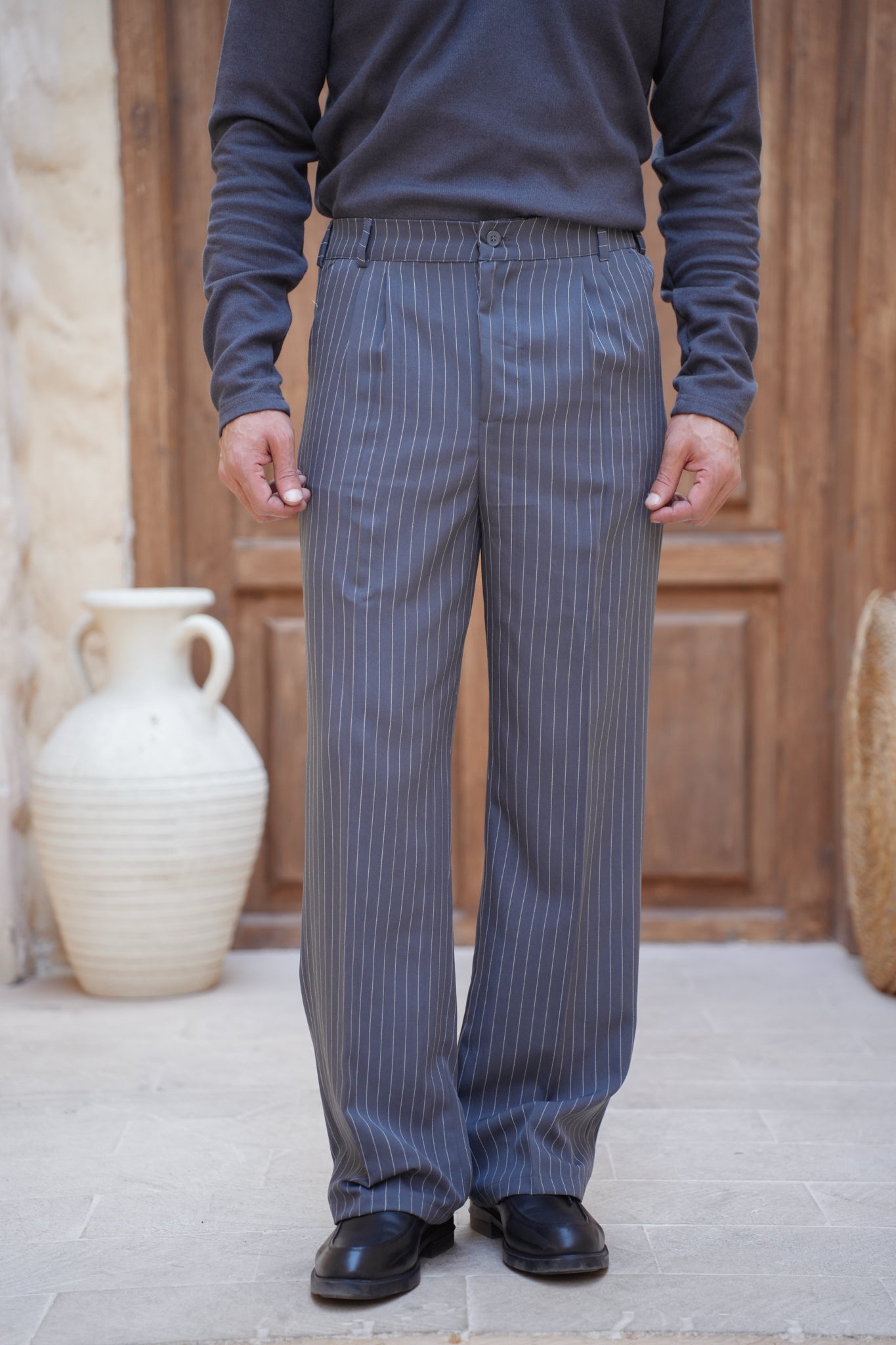 Pinstriped Wide-leg Pants-Gray