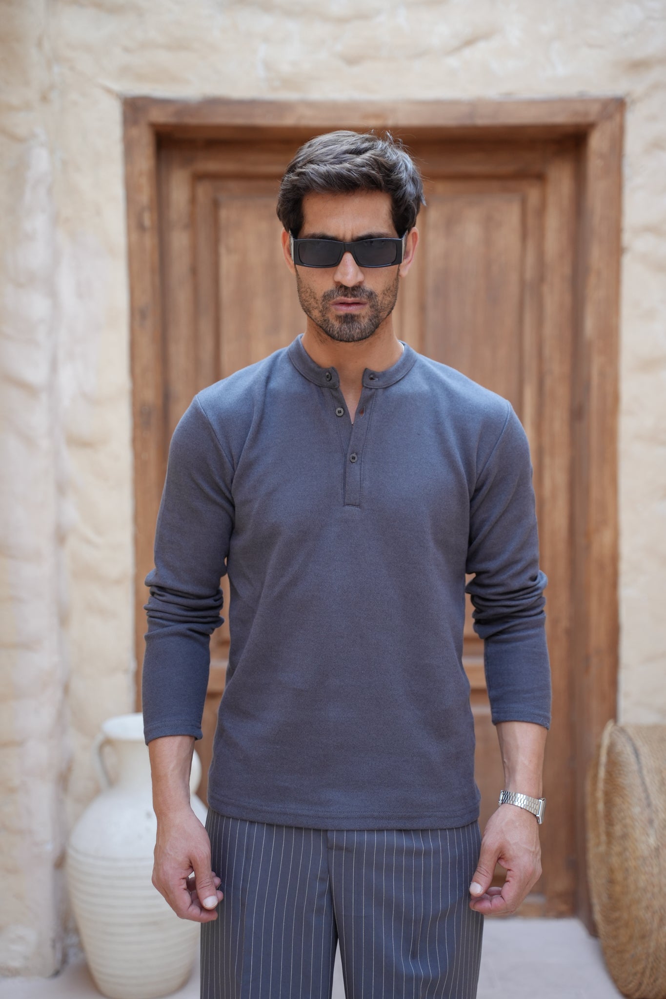Classic Knit Henley- Gray