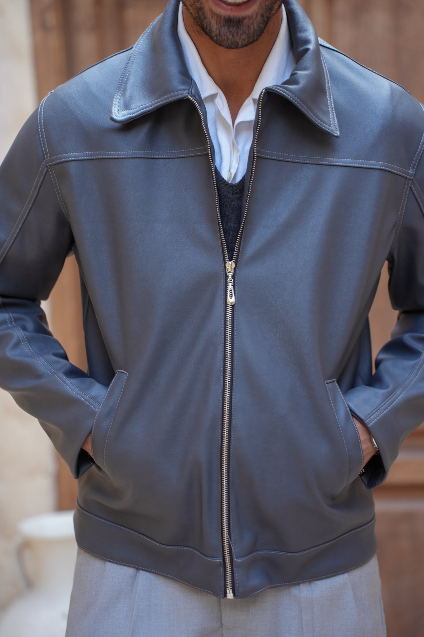 Classic Cropped Leather Jacket - Gray