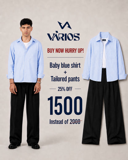 Baby blue  Striped Shirt & Tailored Wide-Leg Pants-Black